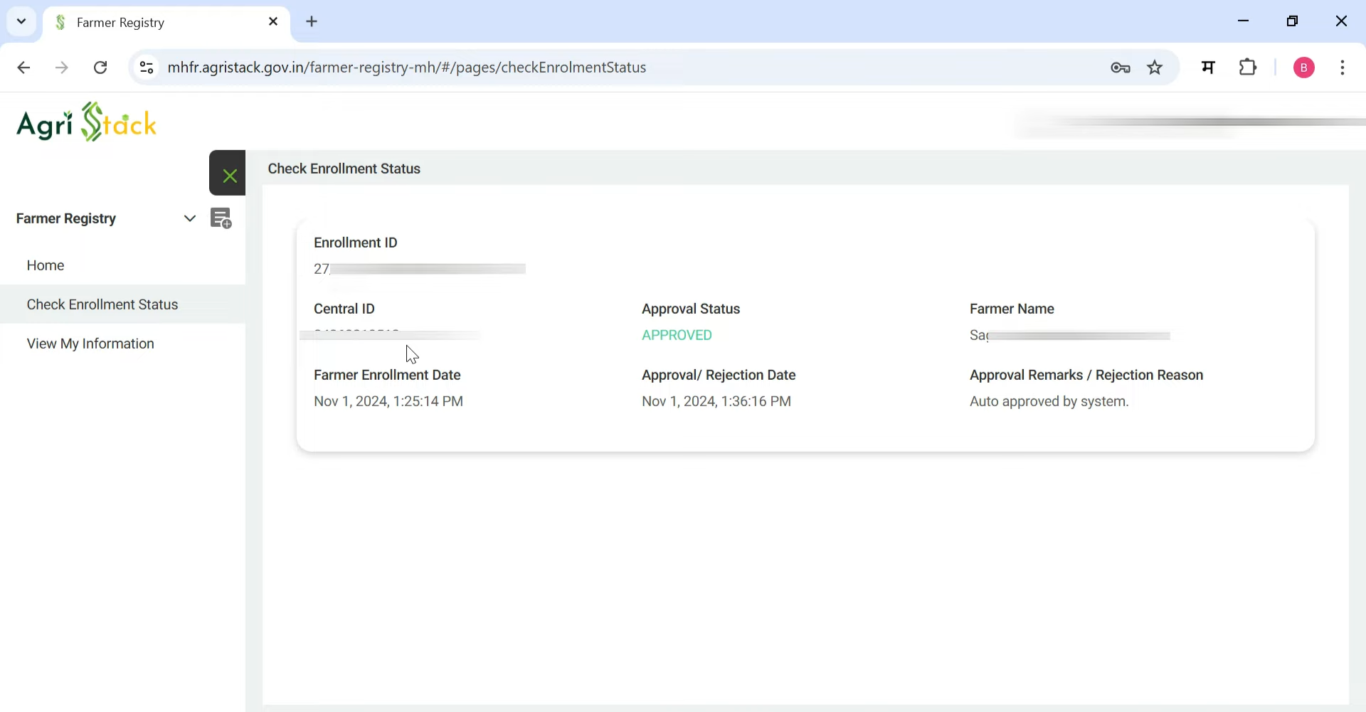 Application Status Check Screen